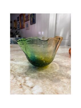 Adam jablonski signed polish Glass Bubble Ruffled Vase hand blown. Artisan.